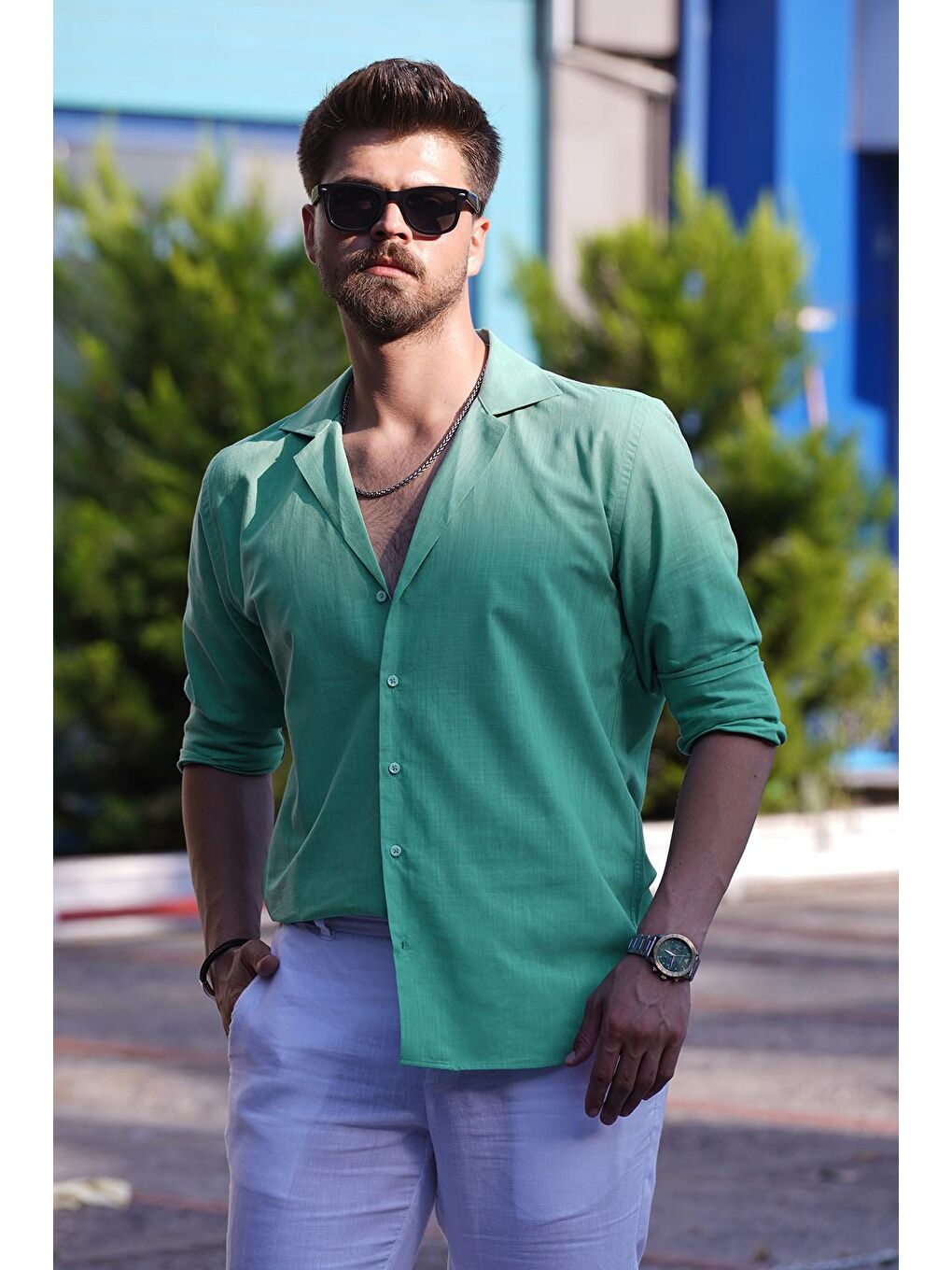 Etikmen Mint Yeşili Keten Apaj Yaka Oversize Erkek Gömlek - 1
