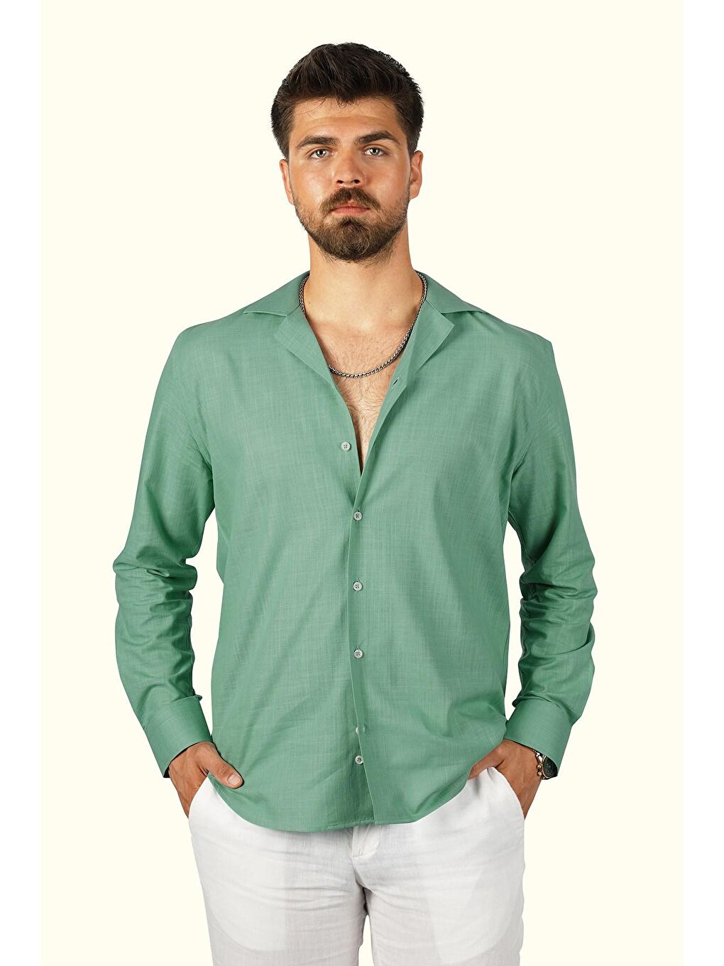 Etikmen Mint Yeşili Keten Apaj Yaka Oversize Erkek Gömlek - 4