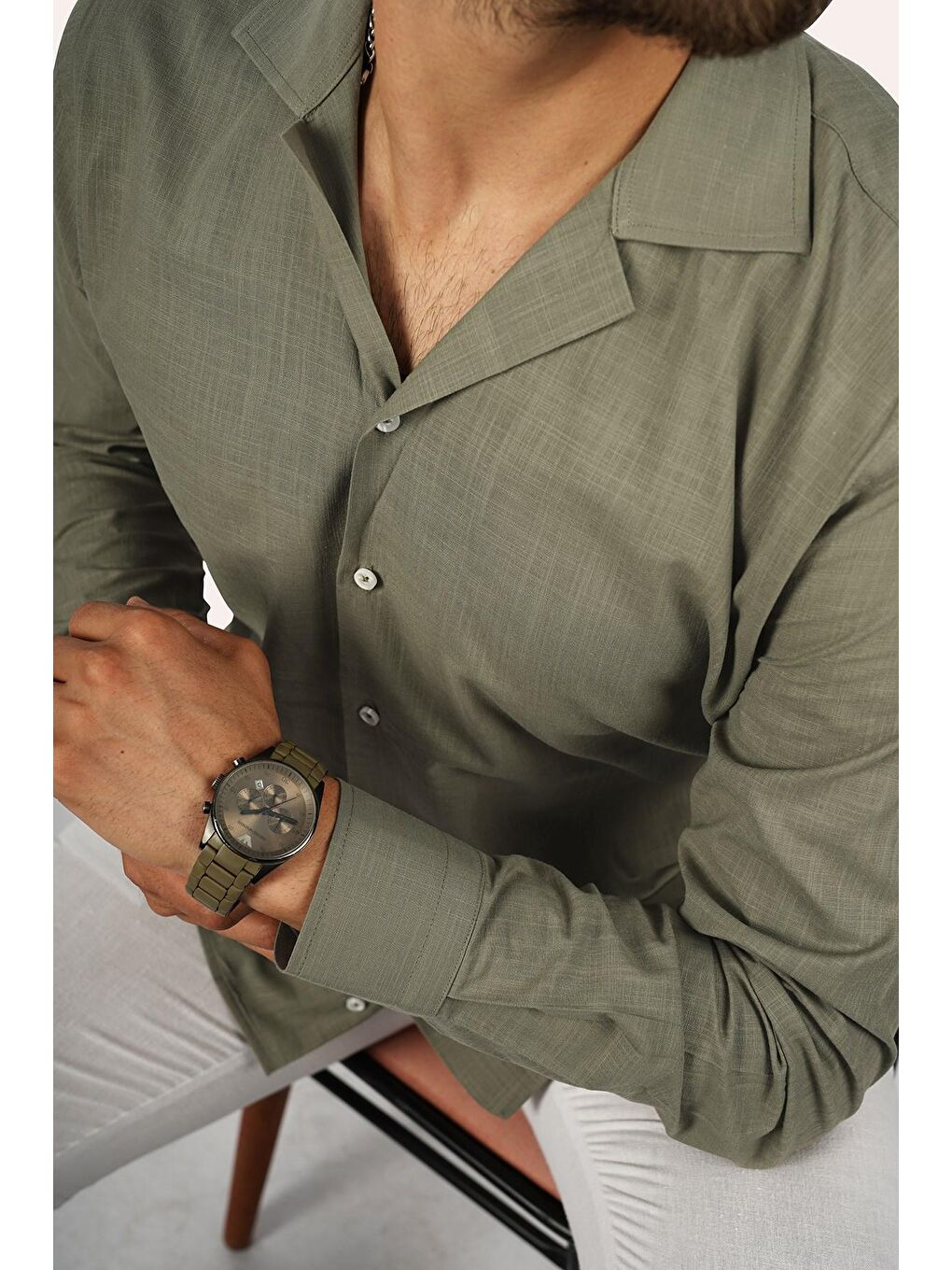 Haki Keten Apaj Yaka Oversize Erkek %100 Pamuk Gömlek-1