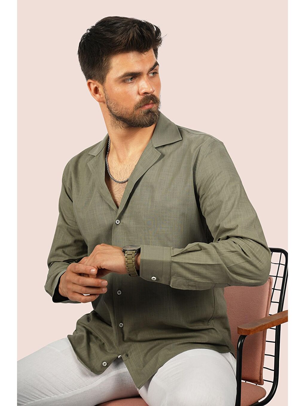 Haki Keten Apaj Yaka Oversize Erkek %100 Pamuk Gömlek-2