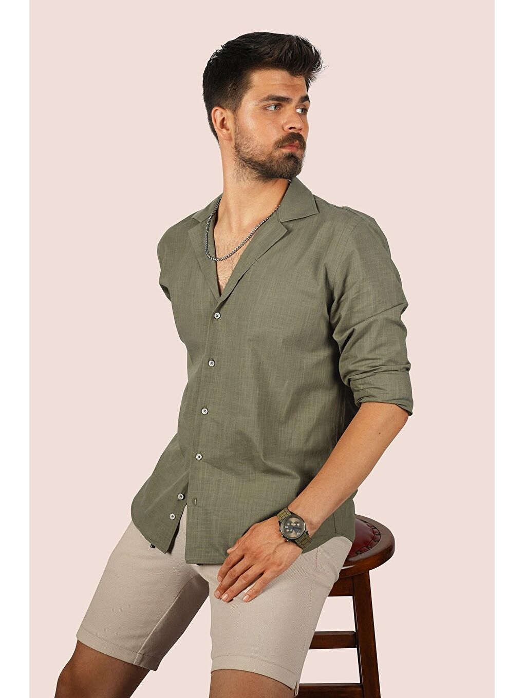 Haki Keten Apaj Yaka Oversize Erkek %100 Pamuk Gömlek-4