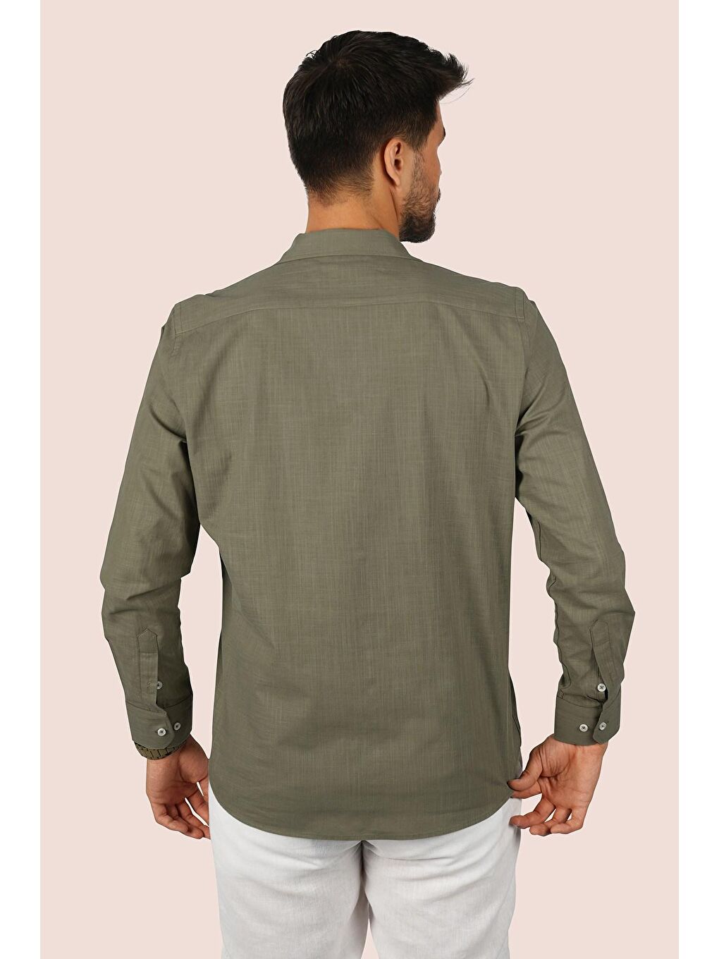 Haki Keten Apaj Yaka Oversize Erkek %100 Pamuk Gömlek-5