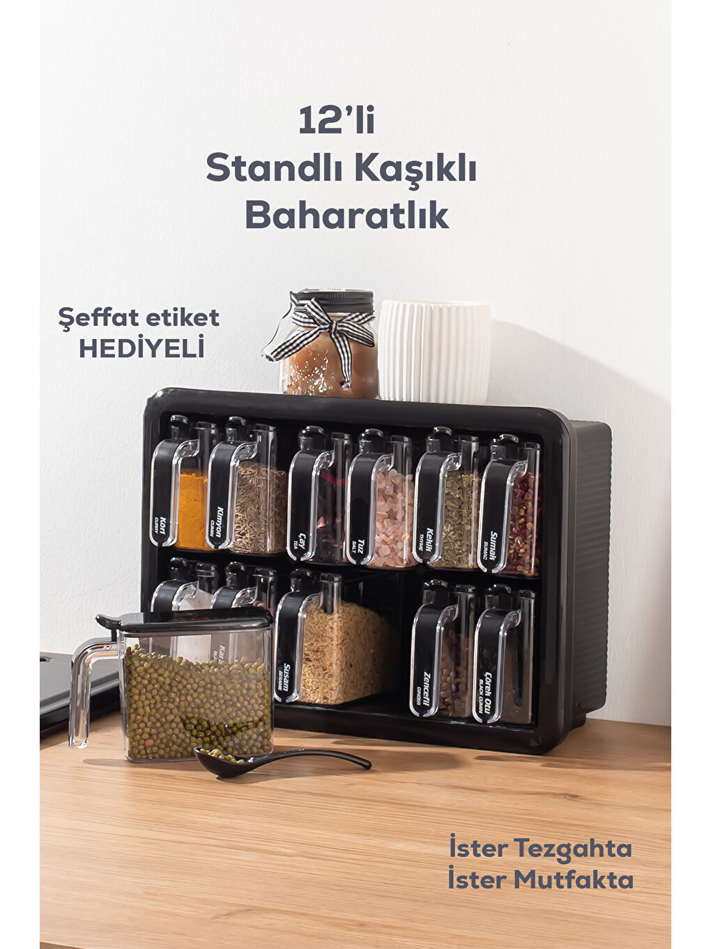 1129 12li Standlı Kendinden Yapışkanlı Kaşıklı Kapaklı Baharatlık Saklama Kabı Seti - Siyah