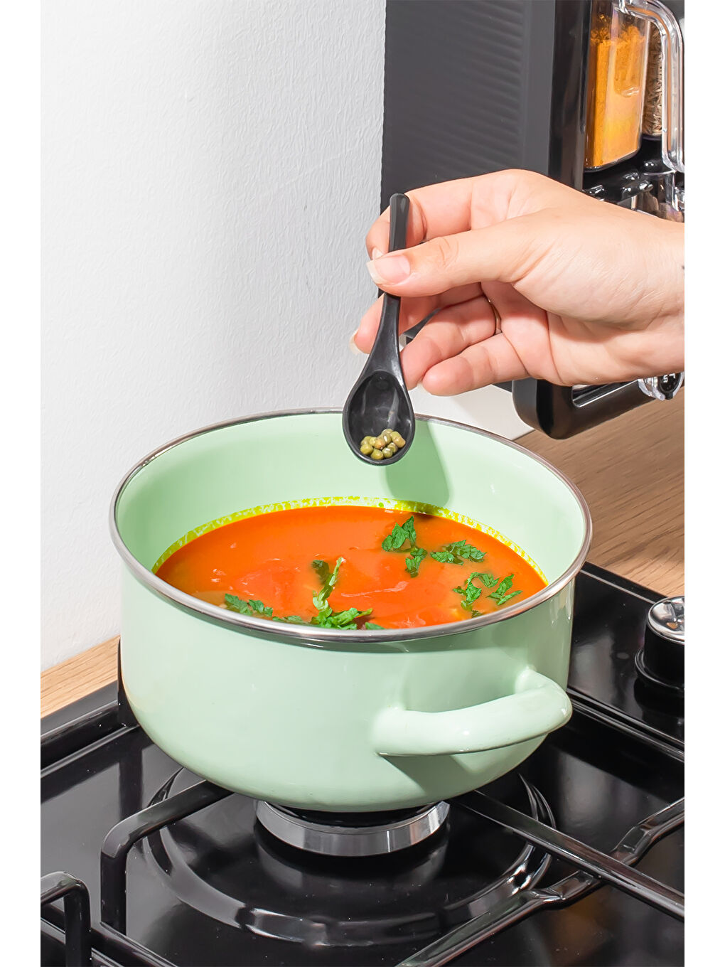 1129 12li Standlı Kendinden Yapışkanlı Kaşıklı Kapaklı Baharatlık Saklama Kabı Seti - Siyah-2