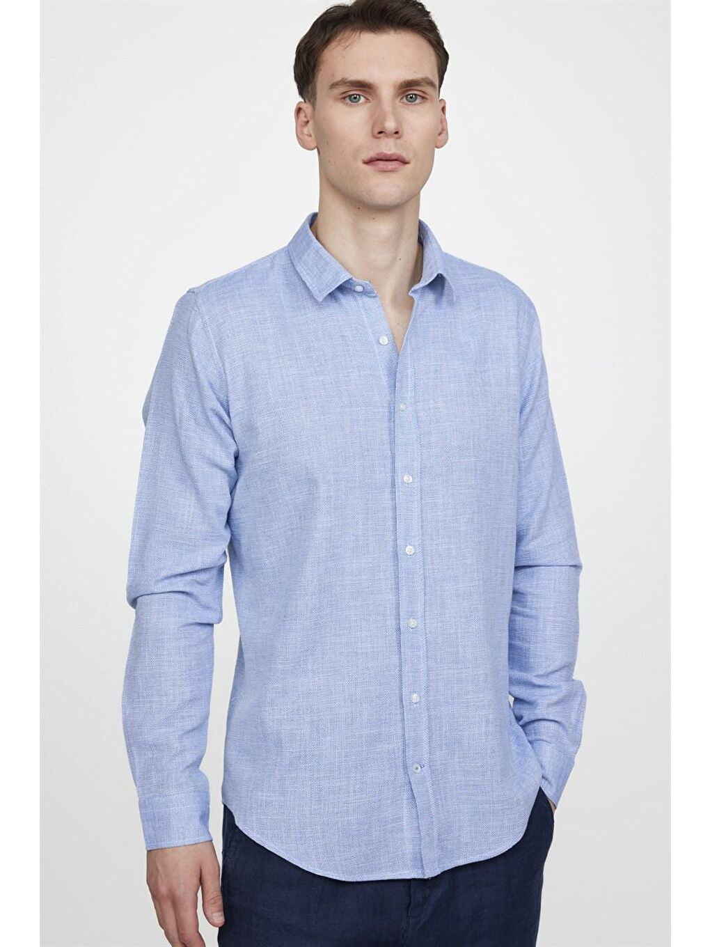 Slim Fit Uzun Kol Keten Efekt Düz Biyeli Mavi Gömlek-1