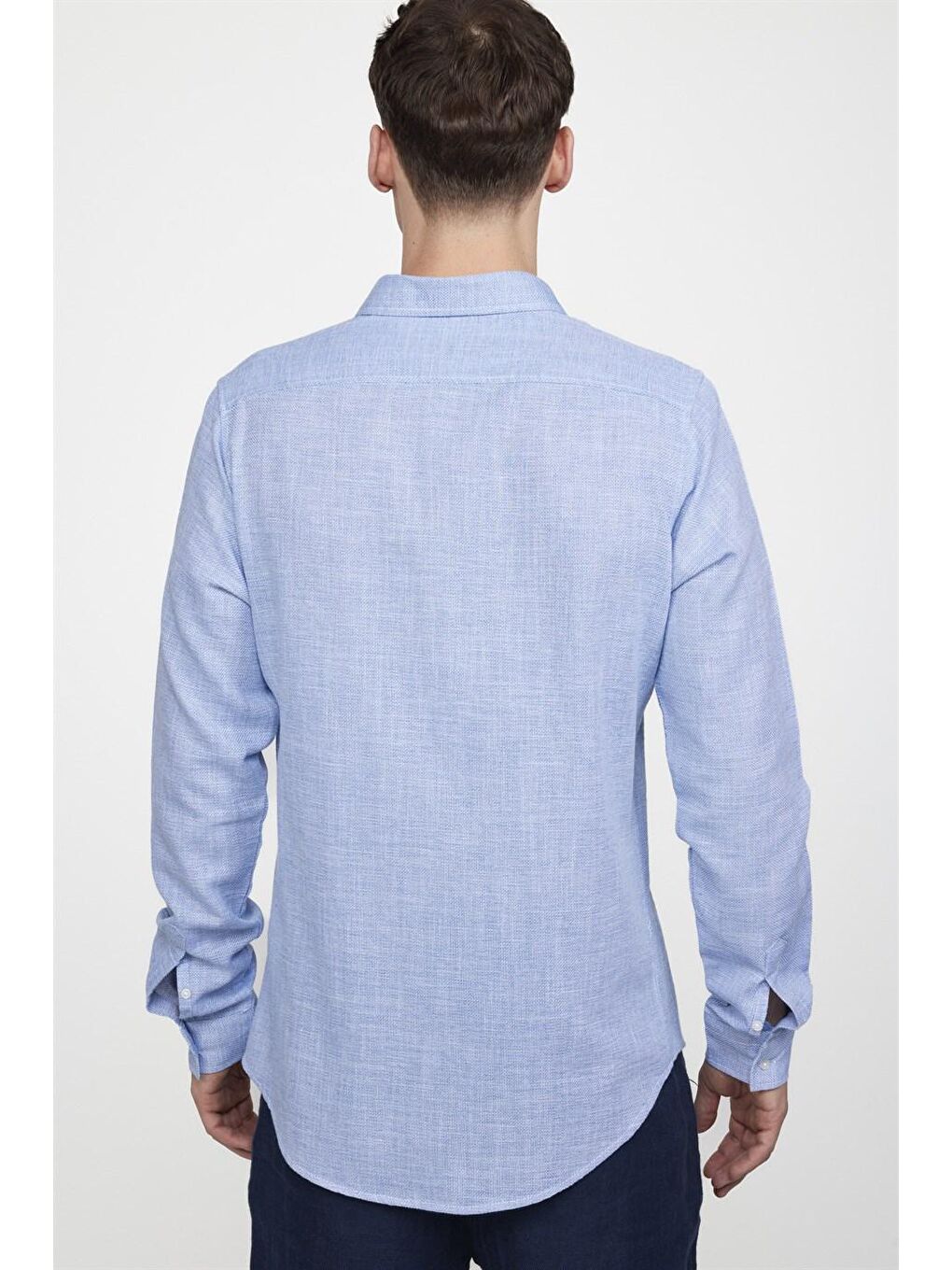 Slim Fit Uzun Kol Keten Efekt Düz Biyeli Mavi Gömlek-3