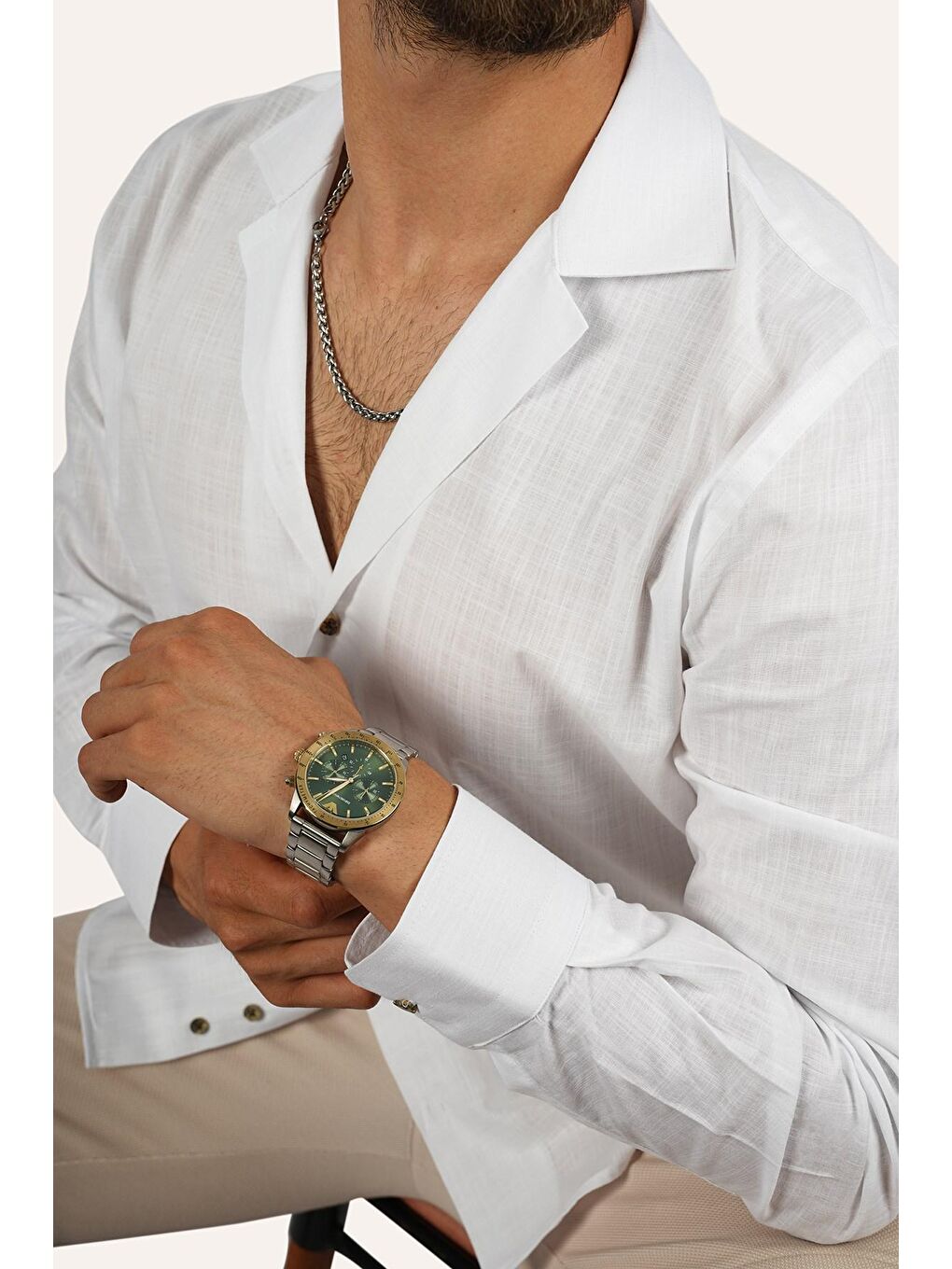 Beyaz Keten Apaj Yaka Oversize Erkek Gömlek-1