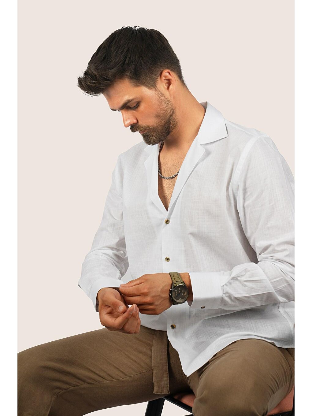 Beyaz Keten Apaj Yaka Oversize Erkek Gömlek-2