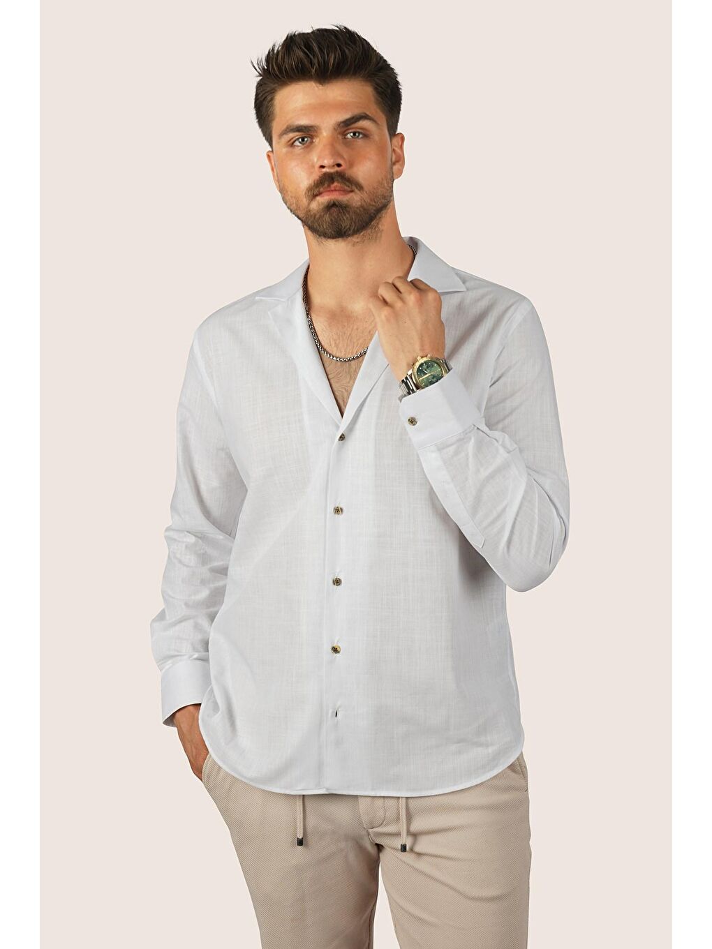 Beyaz Keten Apaj Yaka Oversize Erkek Gömlek-4