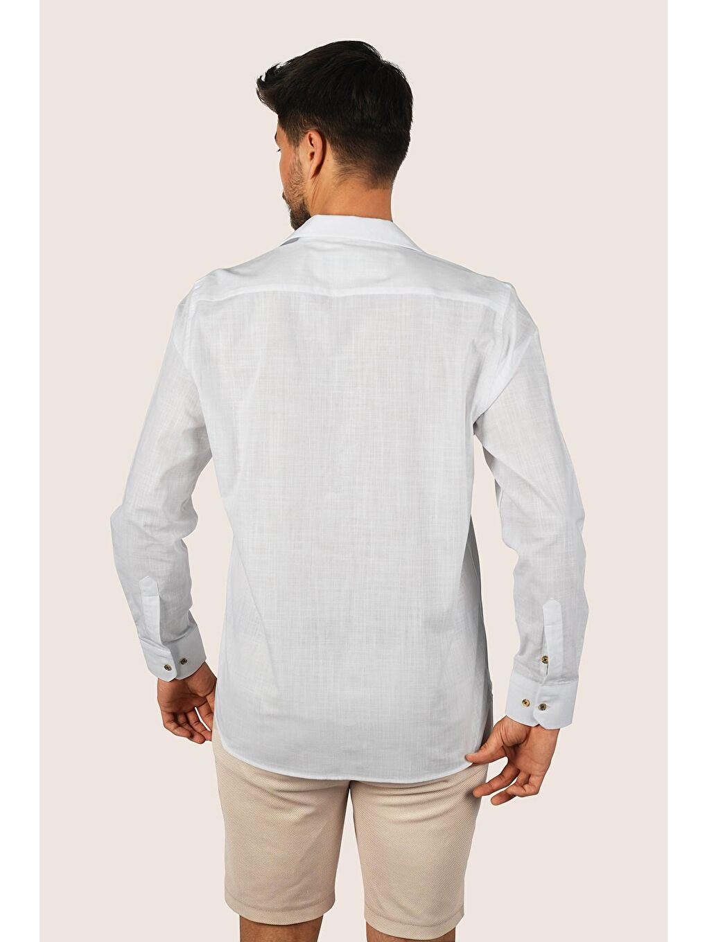 Beyaz Keten Apaj Yaka Oversize Erkek Gömlek-5