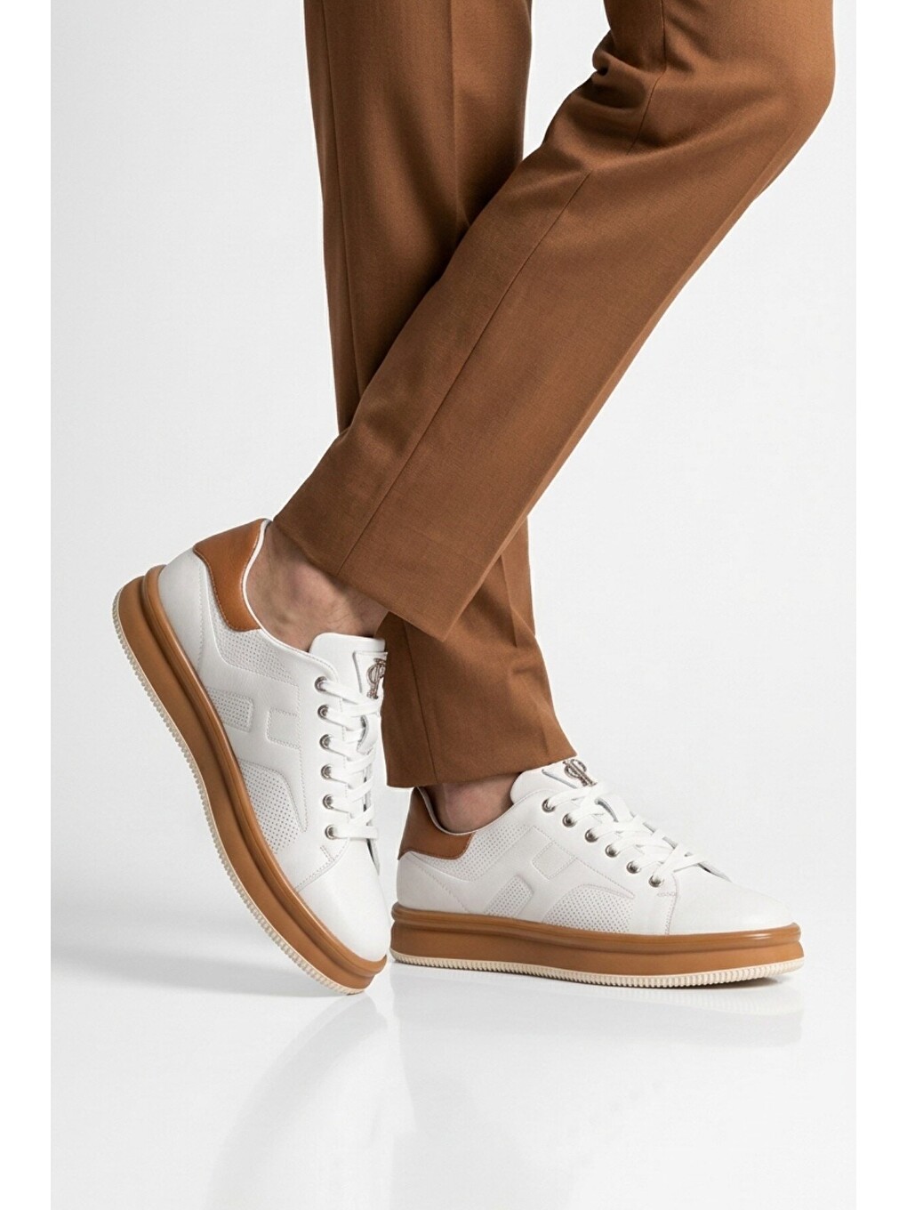 Beyaz-taba Hakiki Deri Erkek Casual Sneaker Memory Taban Premium Casual Ayakkabı M030 M-1