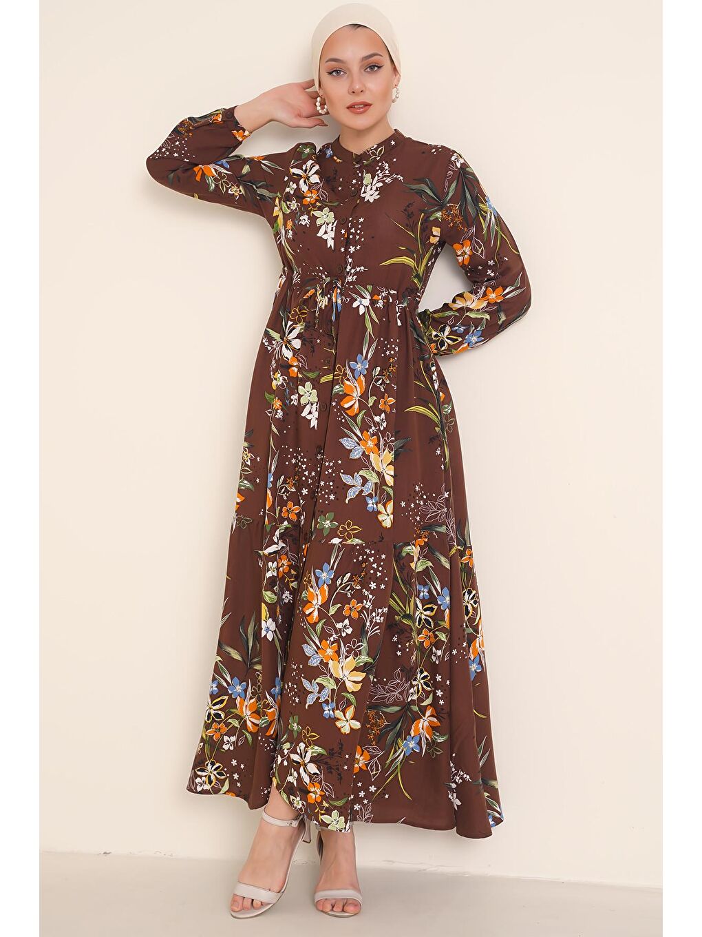 Kahverengi 2144 Hakim Yaka Tesettür Elbise - Kahve