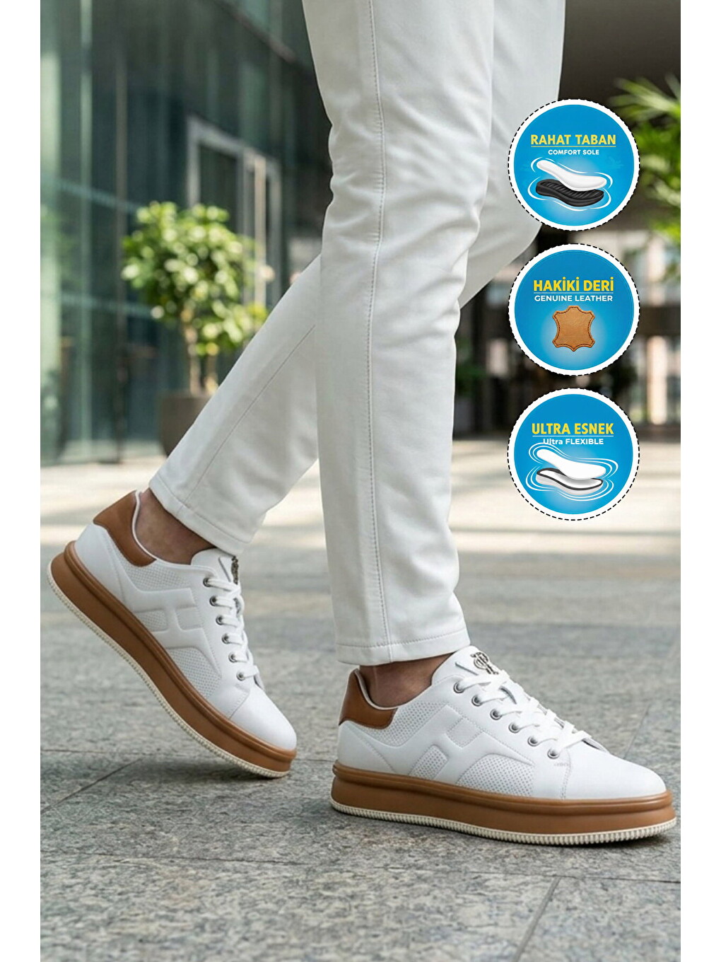 Beyaz-taba Hakiki Deri Erkek Casual Sneaker Memory Taban Premium Casual Ayakkabı M030 M-2