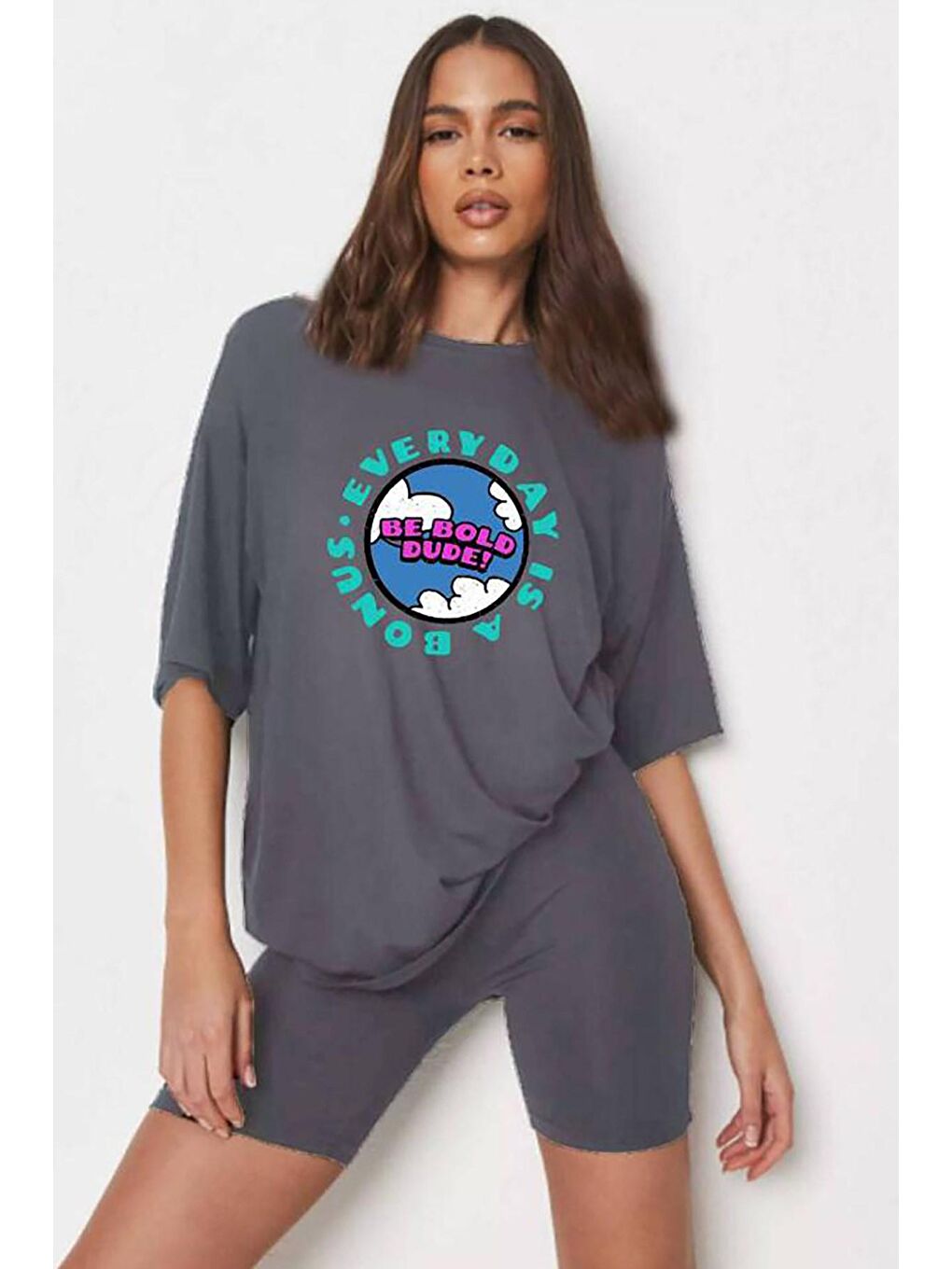 Gri Kadın Füme Baskılı Oversize Tişört Mg948-1