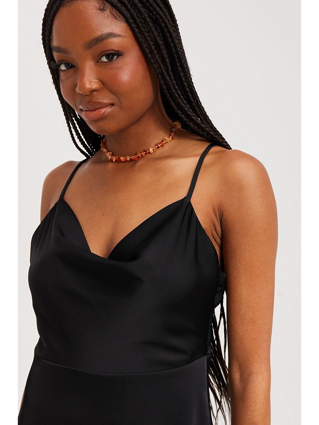 Siyah Saten Degaje Yaka Midi Boy Elbise Mg1708-1