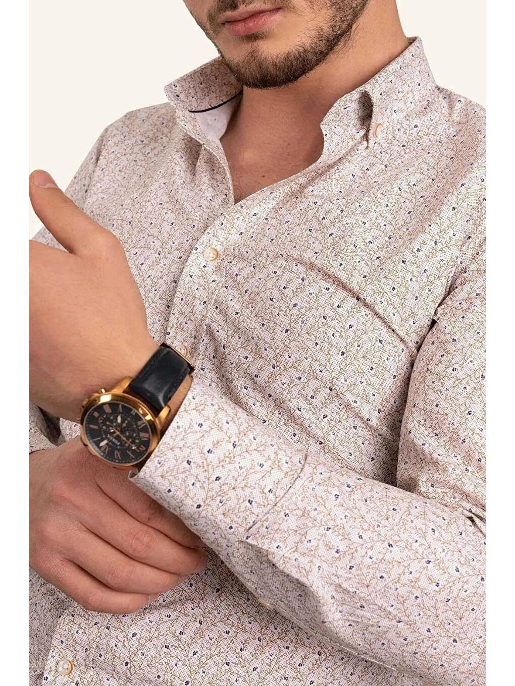 Bej Rengi Yaprak Desenli Slimfit Erkek Gömlek