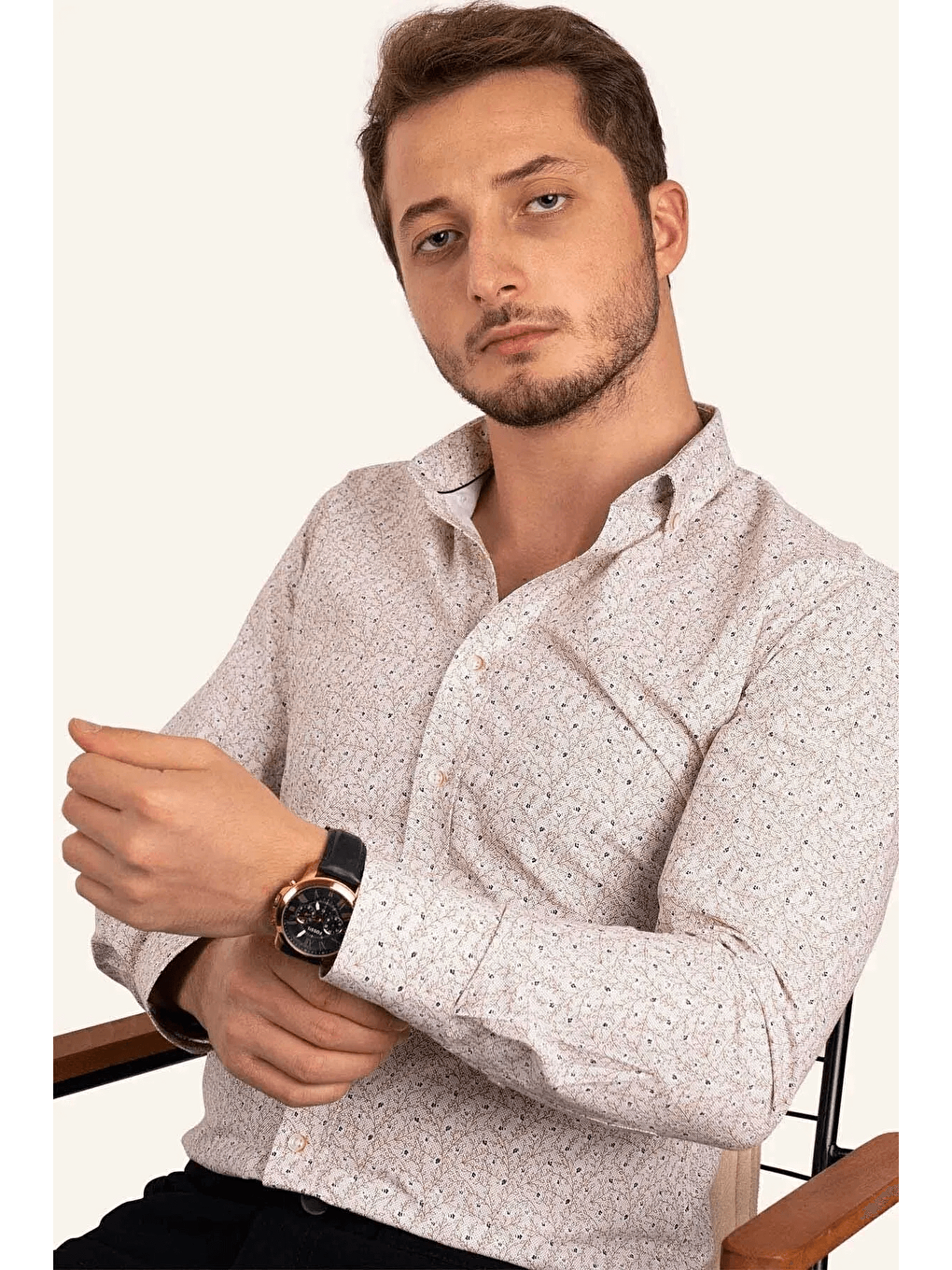 Bej Rengi Yaprak Desenli Slimfit Erkek Gömlek-1