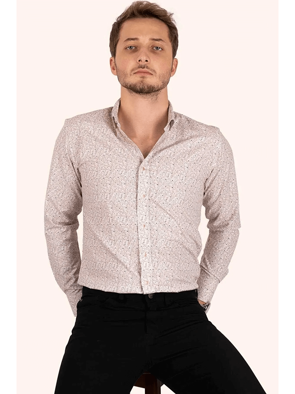Bej Rengi Yaprak Desenli Slimfit Erkek Gömlek-2