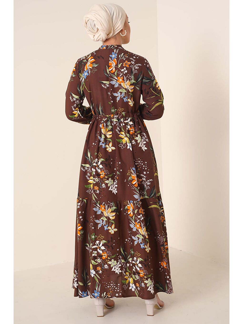 Kahverengi 2144 Hakim Yaka Tesettür Elbise - Kahve-2