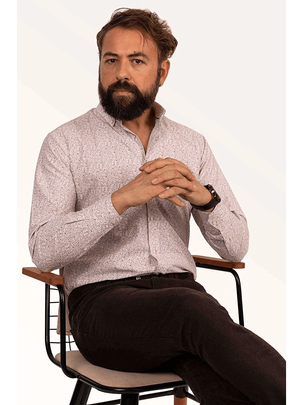 Bej Rengi Yaprak Desenli Slimfit Erkek Gömlek-4