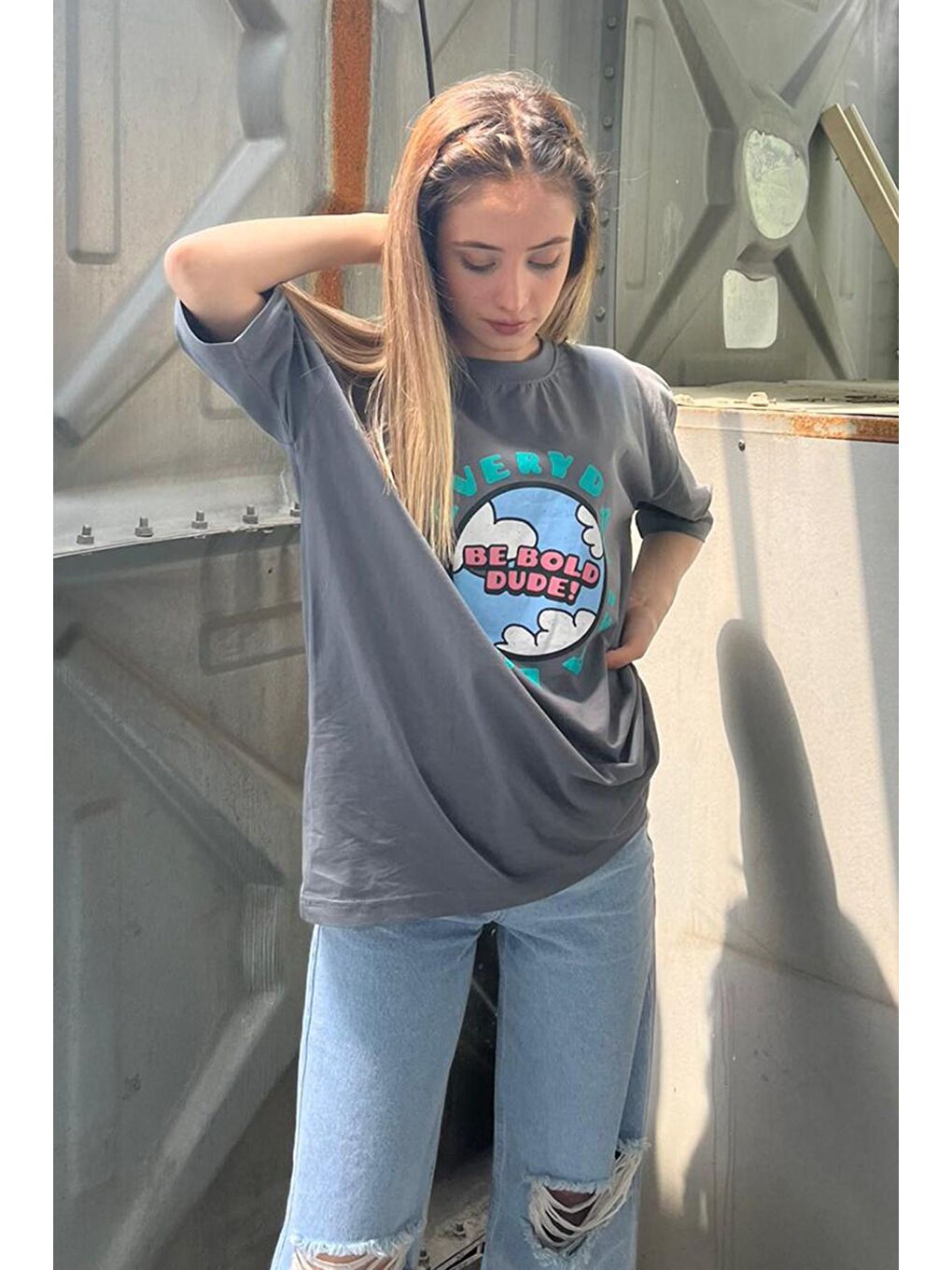 Gri Kadın Füme Baskılı Oversize Tişört Mg948-2