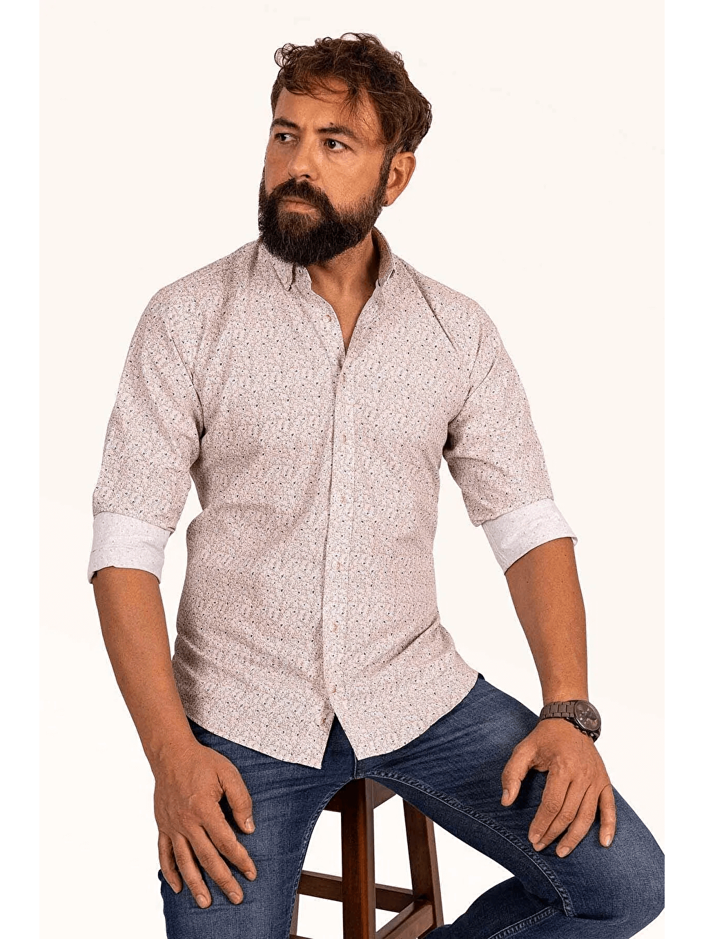 Bej Rengi Yaprak Desenli Slimfit Erkek Gömlek-6