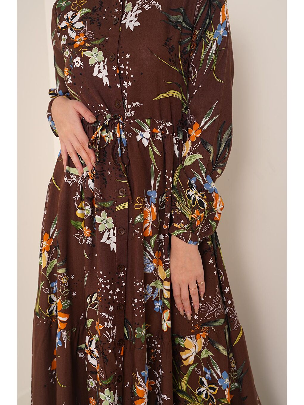 Kahverengi 2144 Hakim Yaka Tesettür Elbise - Kahve-3