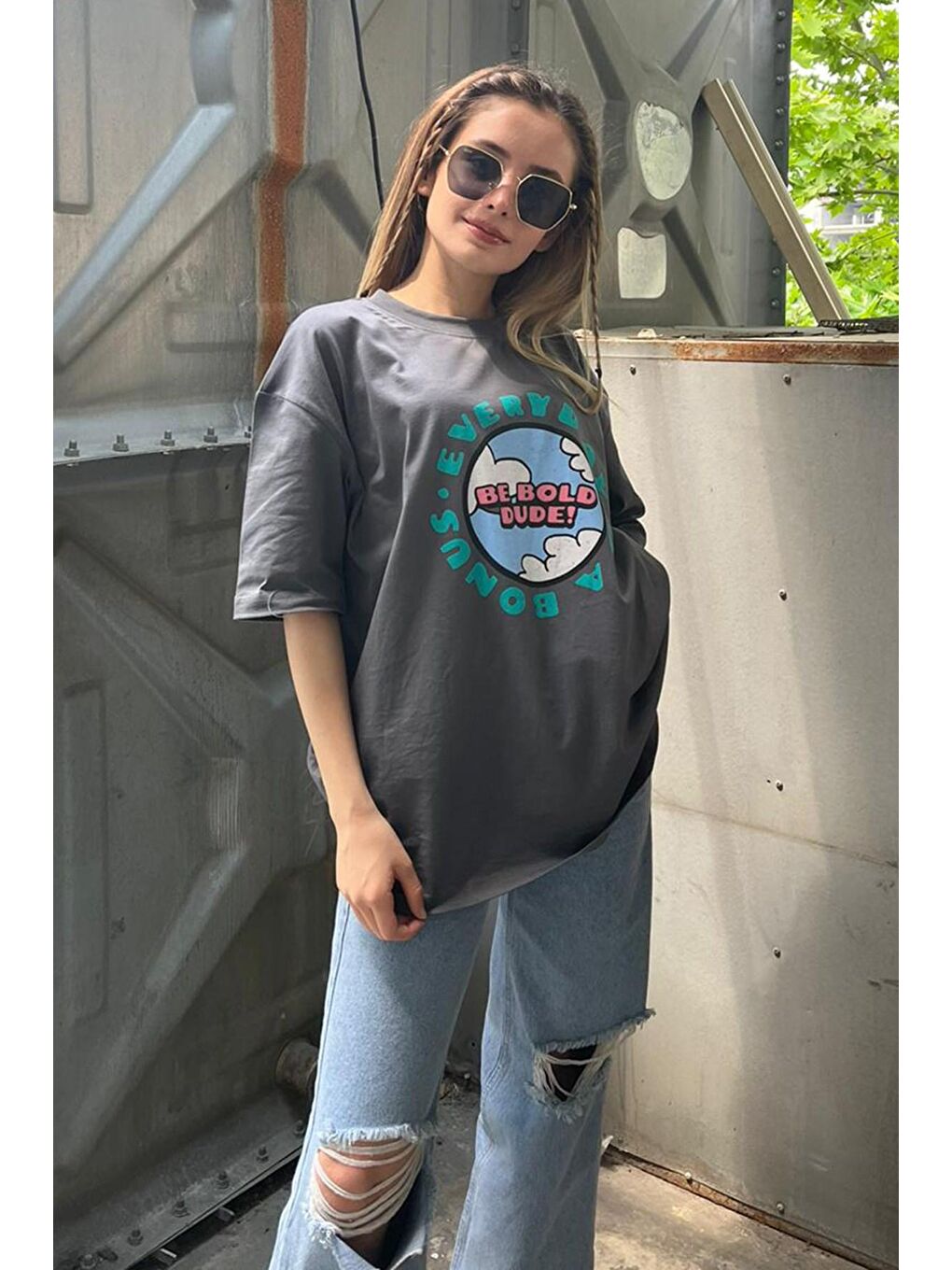 Gri Kadın Füme Baskılı Oversize Tişört Mg948-3