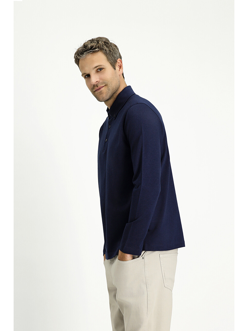 Lacivert Polo Yaka Regular Fit Çizgili Pamuk Sweatshirt-2