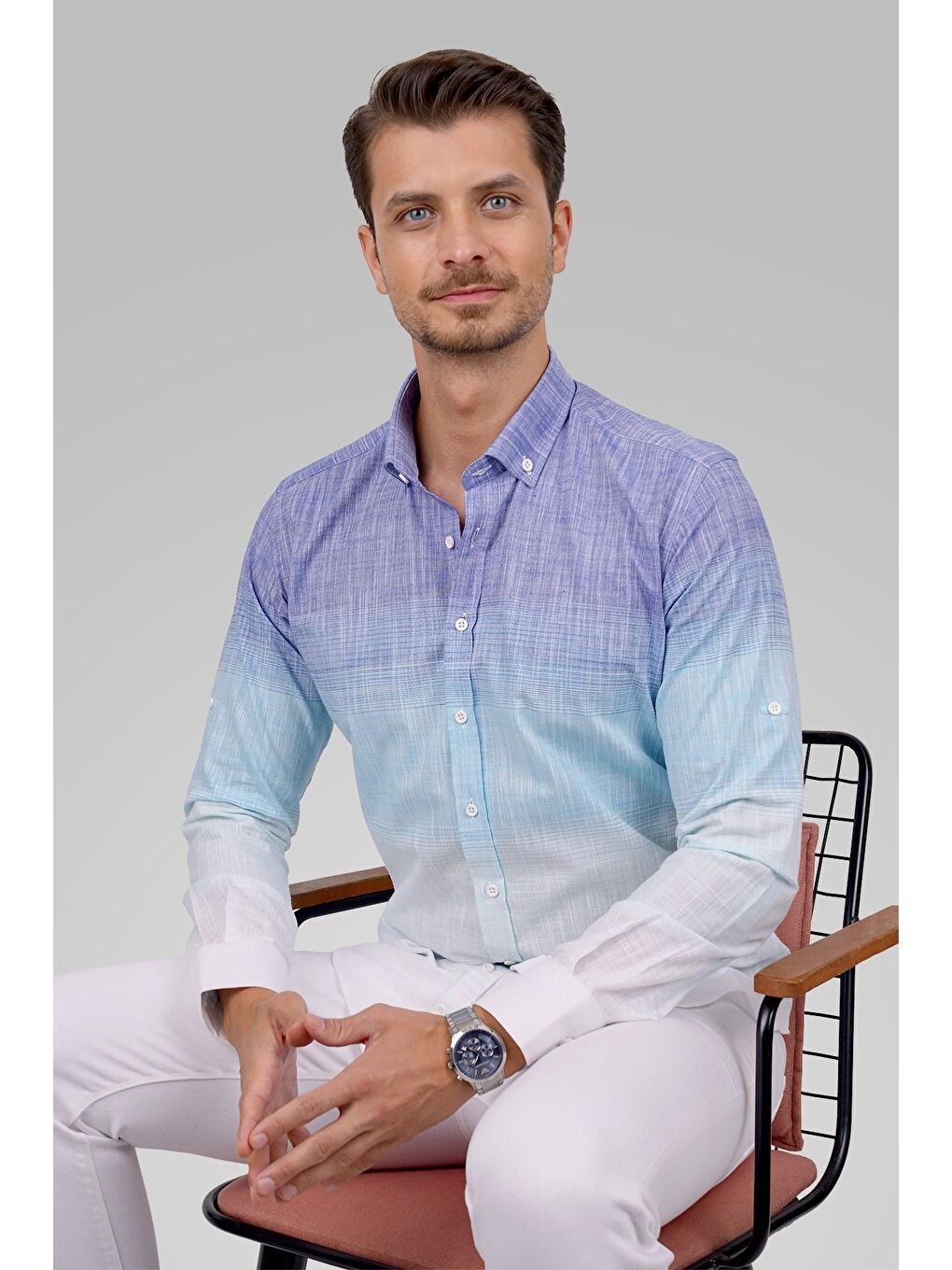 Panolu Mint Mavi Geçişli Keten Erkek Gömlek-4