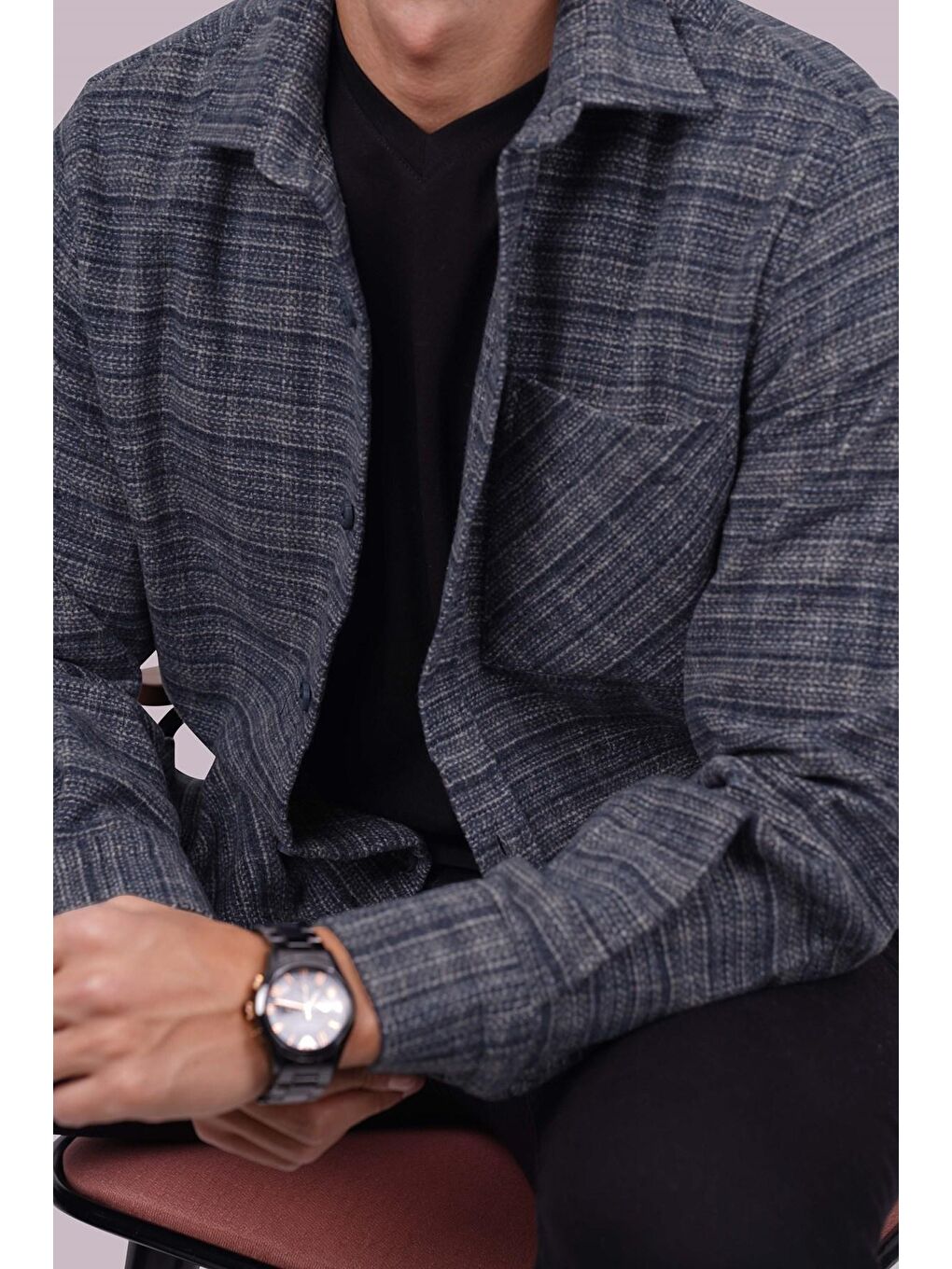 Lacivert Hasır Desenli Oversize %100 Pamuk Erkek Oduncu Gömlek-1