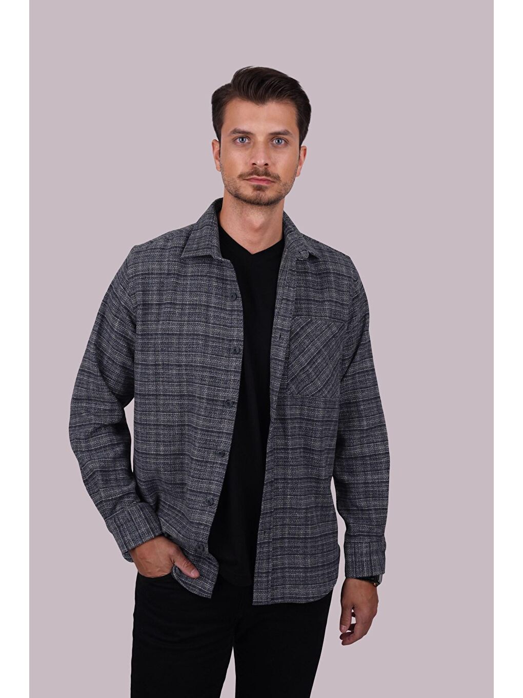 Lacivert Hasır Desenli Oversize %100 Pamuk Erkek Oduncu Gömlek-4