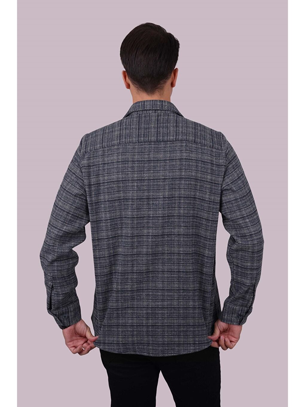 Lacivert Hasır Desenli Oversize %100 Pamuk Erkek Oduncu Gömlek-5