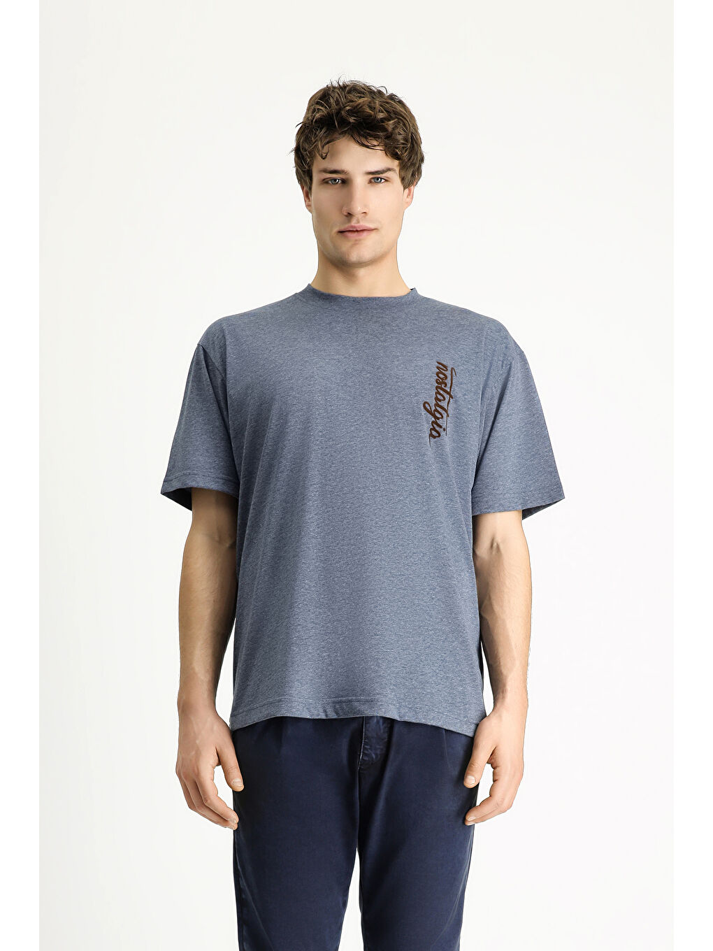 İndigo Bisiklet Yaka Oversize Baskılı Pamuk Tişört-3