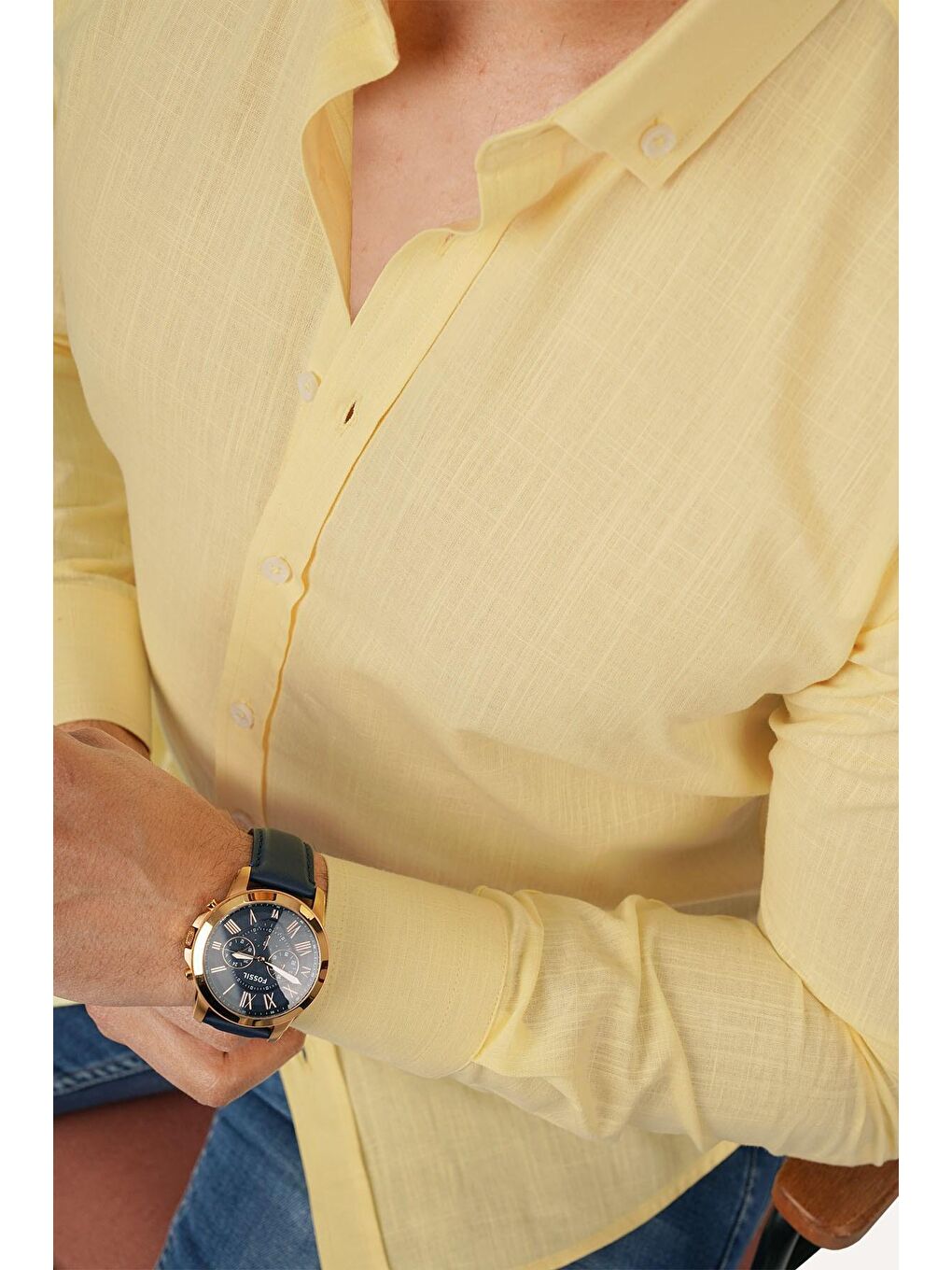 Sarı Yaka Düğmeli Keten Görünümlü Slimfit Erkek %100 Pamuk Gömlek