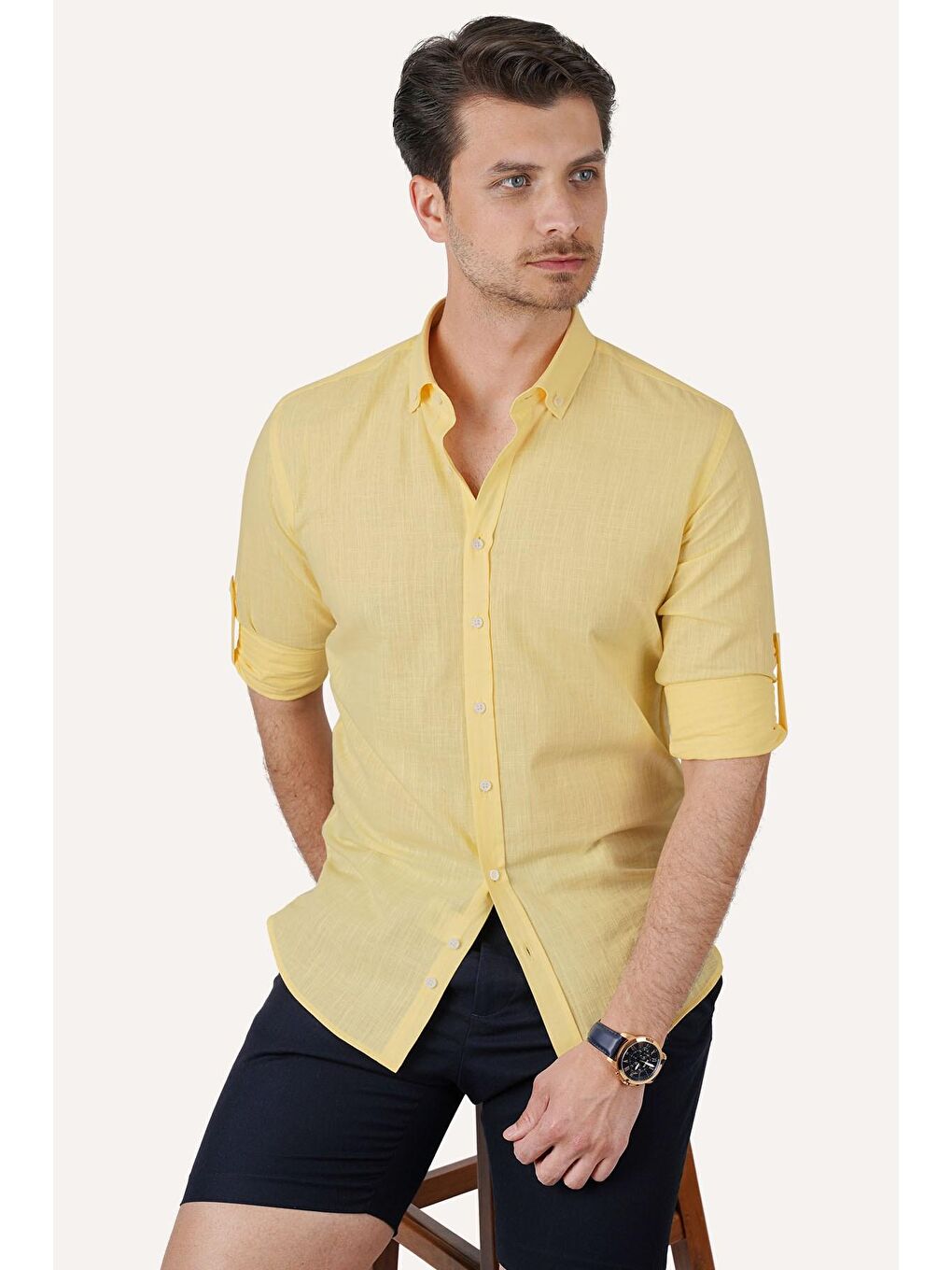 Sarı Yaka Düğmeli Keten Görünümlü Slimfit Erkek %100 Pamuk Gömlek-1