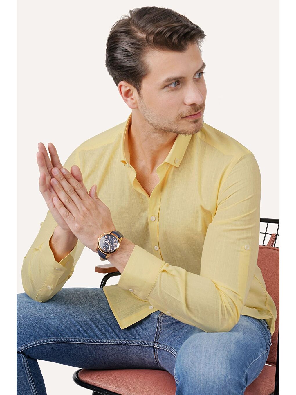Sarı Yaka Düğmeli Keten Görünümlü Slimfit Erkek %100 Pamuk Gömlek-2