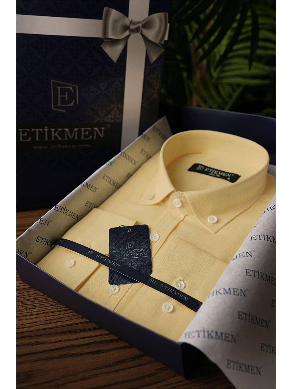 Sarı Yaka Düğmeli Keten Görünümlü Slimfit Erkek %100 Pamuk Gömlek-3