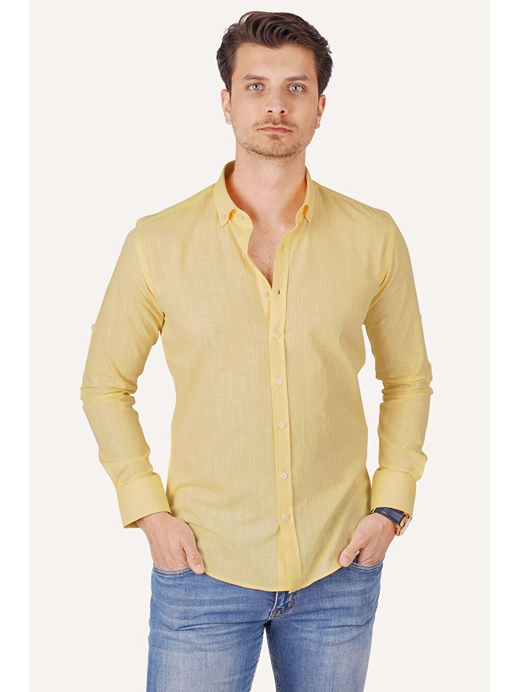 Sarı Yaka Düğmeli Keten Görünümlü Slimfit Erkek %100 Pamuk Gömlek-4