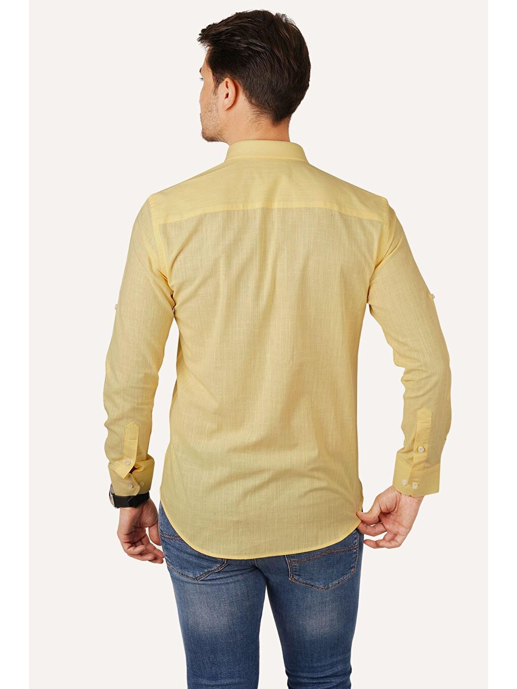 Sarı Yaka Düğmeli Keten Görünümlü Slimfit Erkek %100 Pamuk Gömlek-6