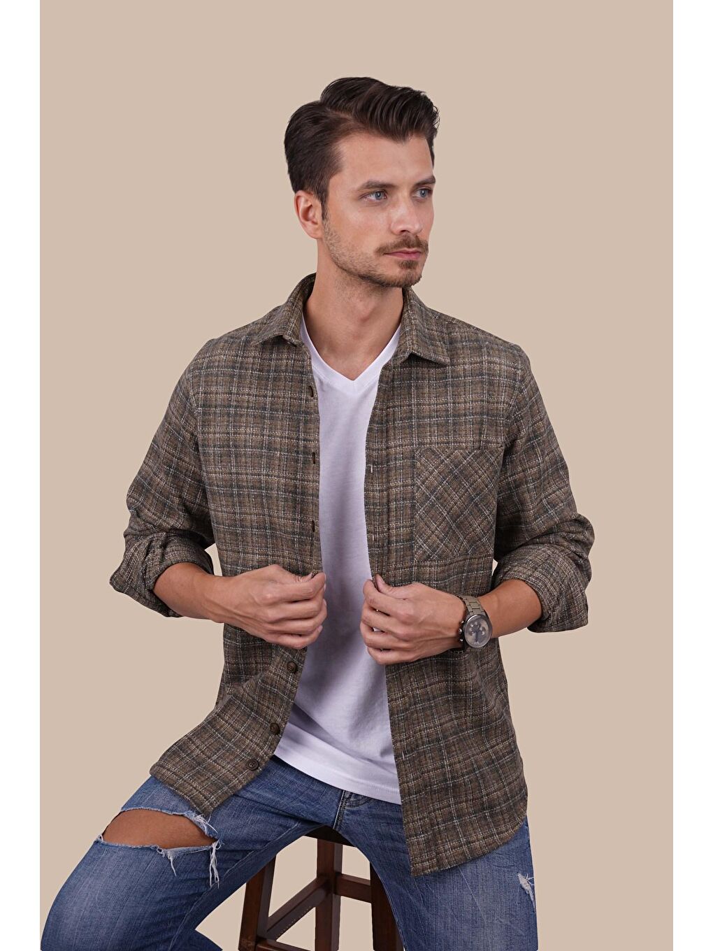 Kahverengi Hasır Desenli Oversize Oduncu Erkek Gömlek-1