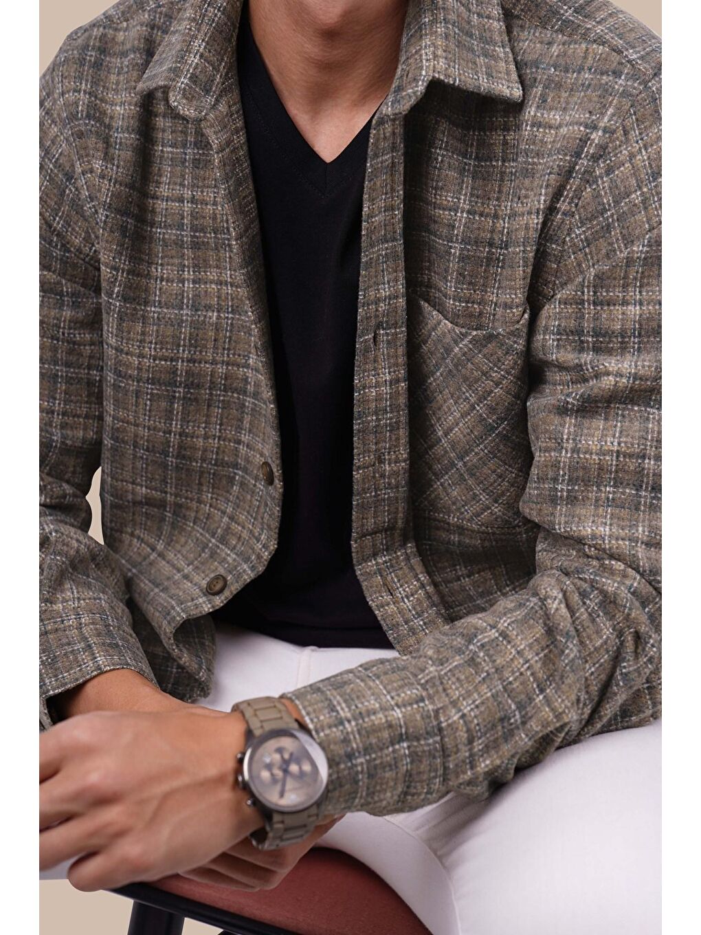 Kahverengi Hasır Desenli Oversize Oduncu Erkek Gömlek-2