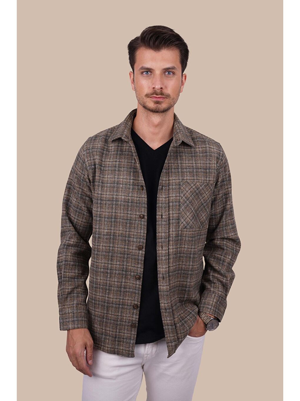Kahverengi Hasır Desenli Oversize Oduncu Erkek Gömlek-4