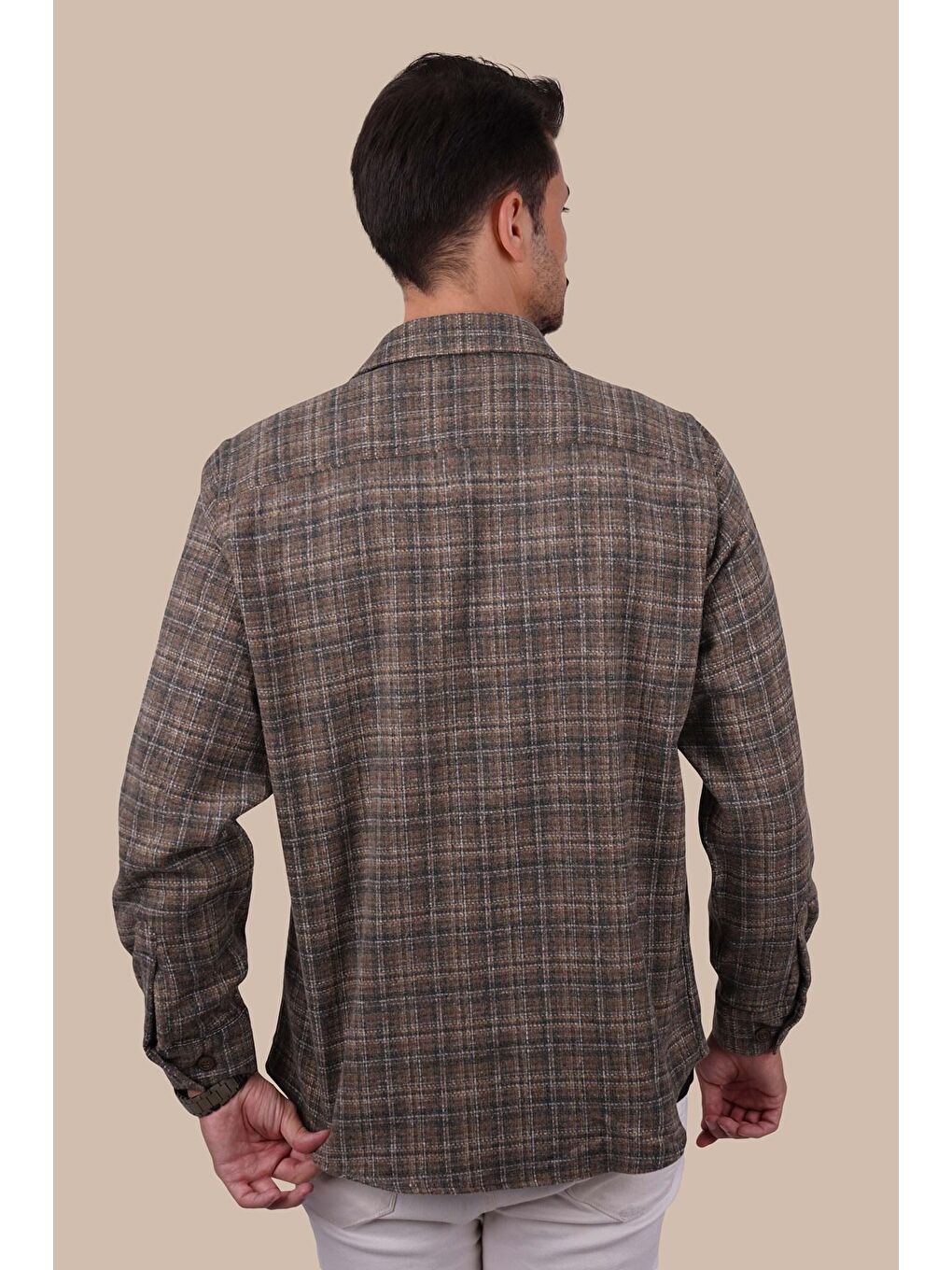 Kahverengi Hasır Desenli Oversize Oduncu Erkek Gömlek-5
