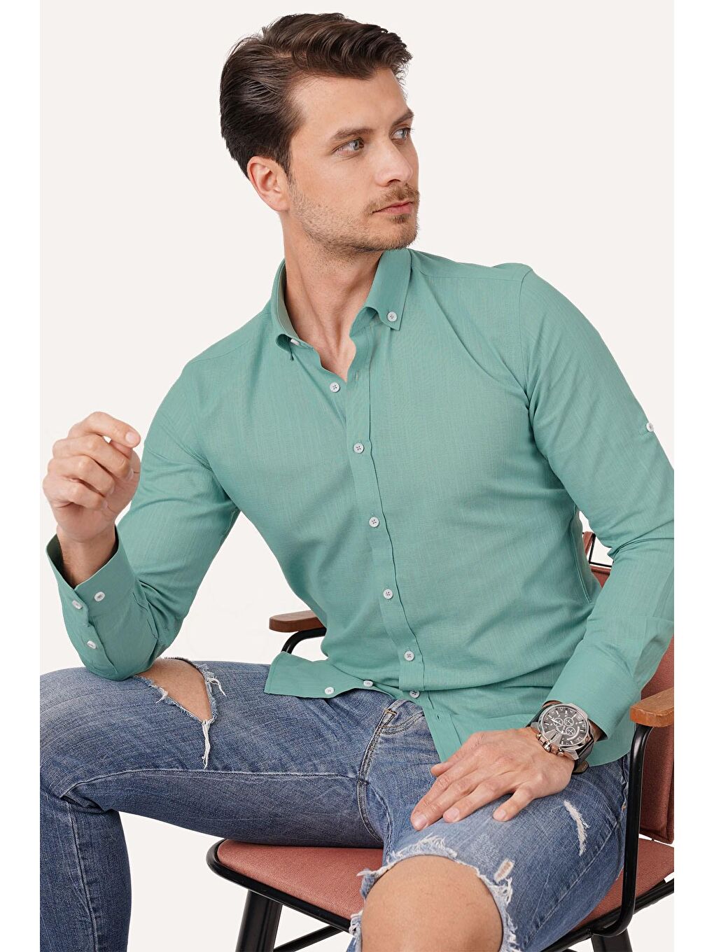 Etikmen Yeşil Mint Yaka Düğmeli Keten Slimfit Erkek Gömlek - 2