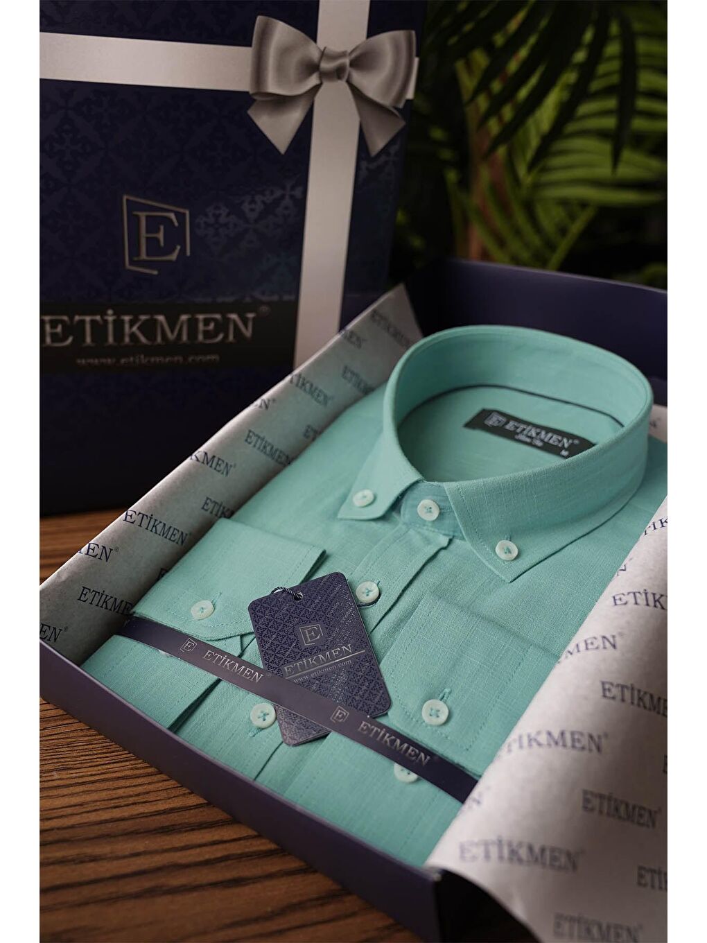 Etikmen Yeşil Mint Yaka Düğmeli Keten Slimfit Erkek Gömlek - 3