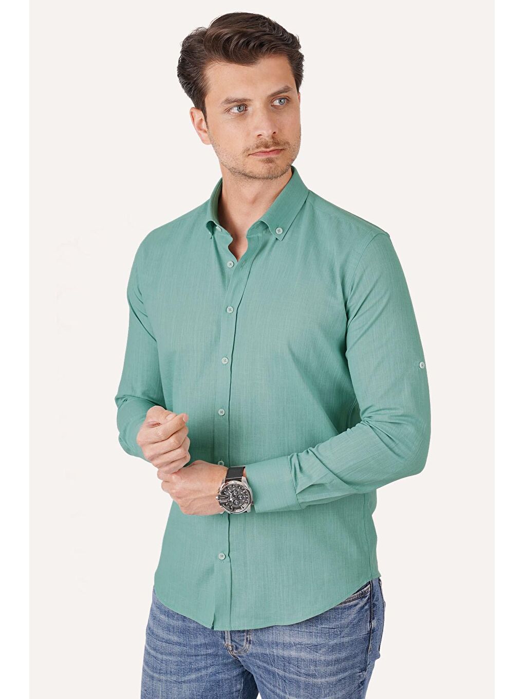 Etikmen Yeşil Mint Yaka Düğmeli Keten Slimfit Erkek Gömlek - 4