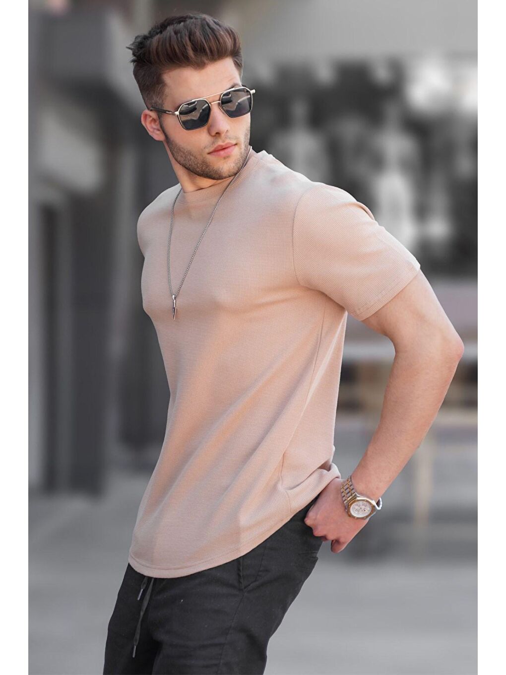 Bej Vizon Waffle Kumaş Basic Tişört 5883