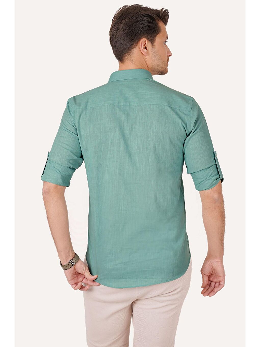 Etikmen Yeşil Mint Yaka Düğmeli Keten Slimfit Erkek Gömlek - 6