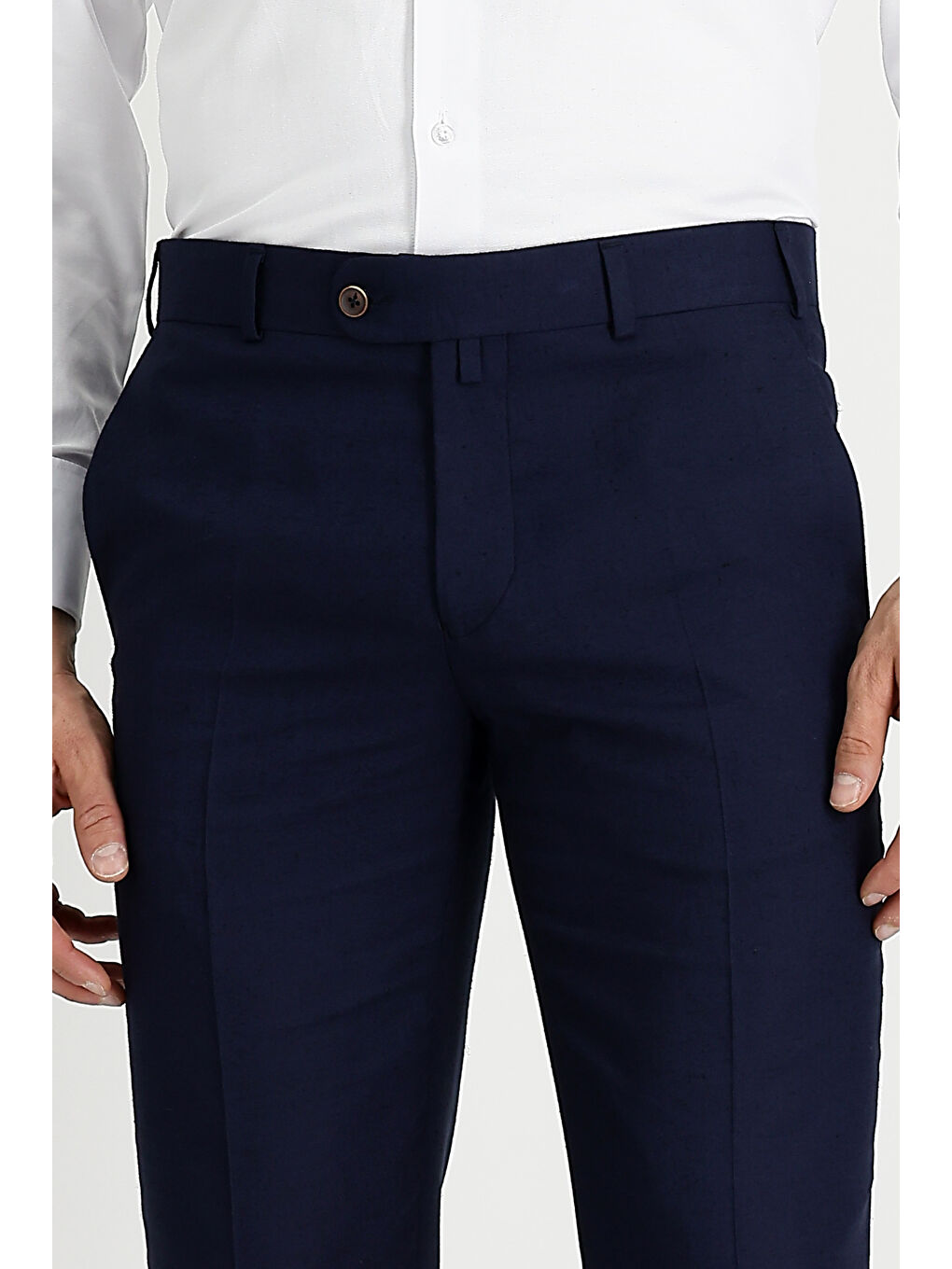 Lacivert Slim Fit Dar Kesim Klasik Keten Karışımlı Kumaş Pantolon-2